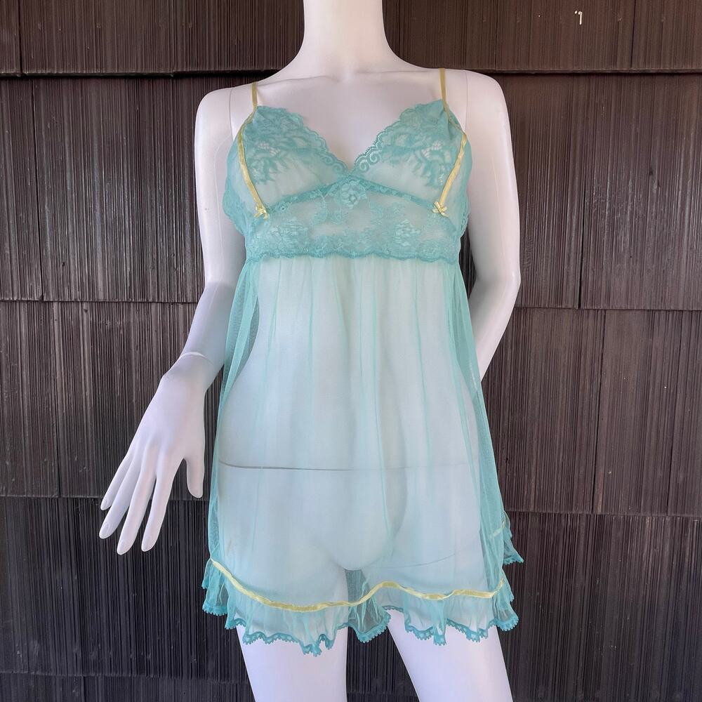 🔥Vintage Y2K 2002 Victoria’s Secret Bow Sheer Blue Mesh Lingerie Babydoll Dress